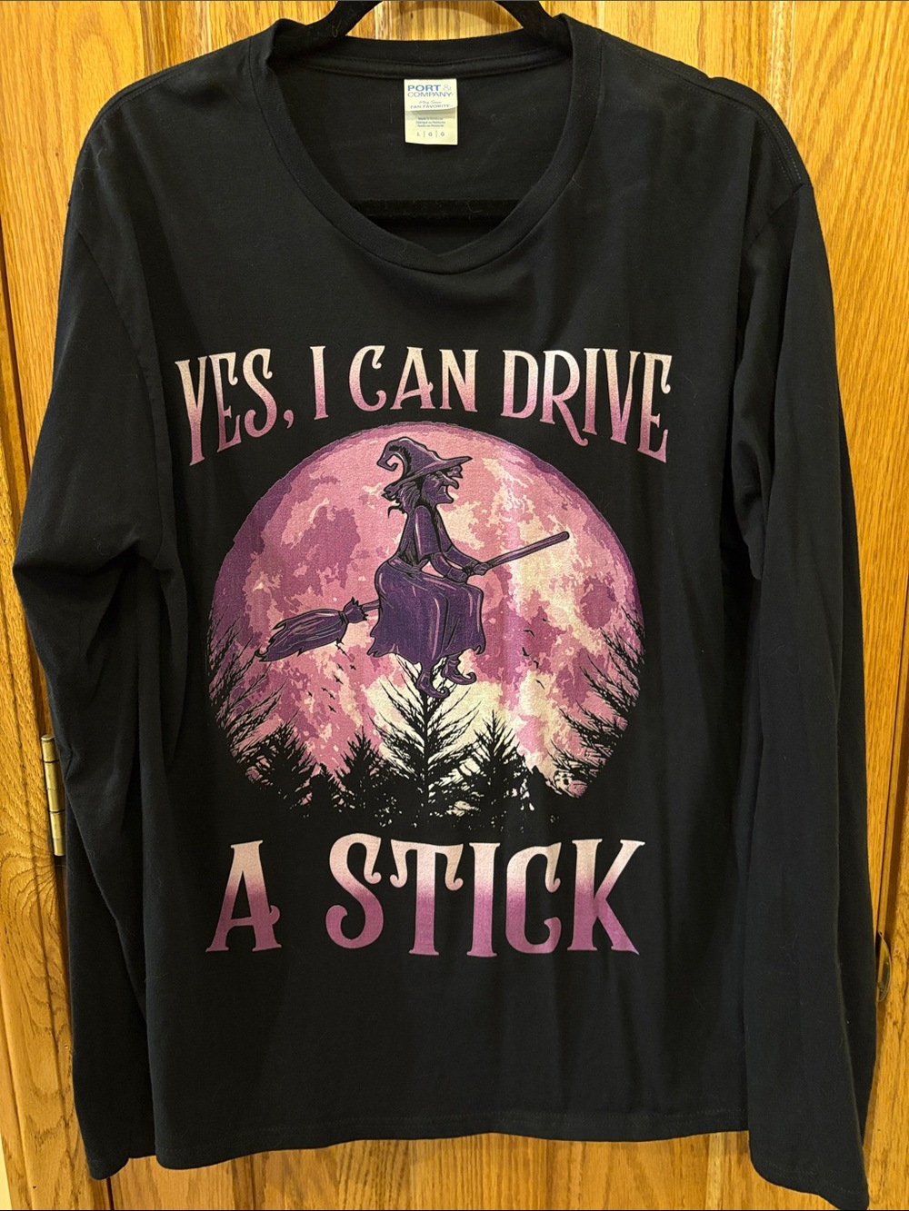 Port and Company Black Long-Sleeve Tee with Pink-Purple Witch Moon Graphic